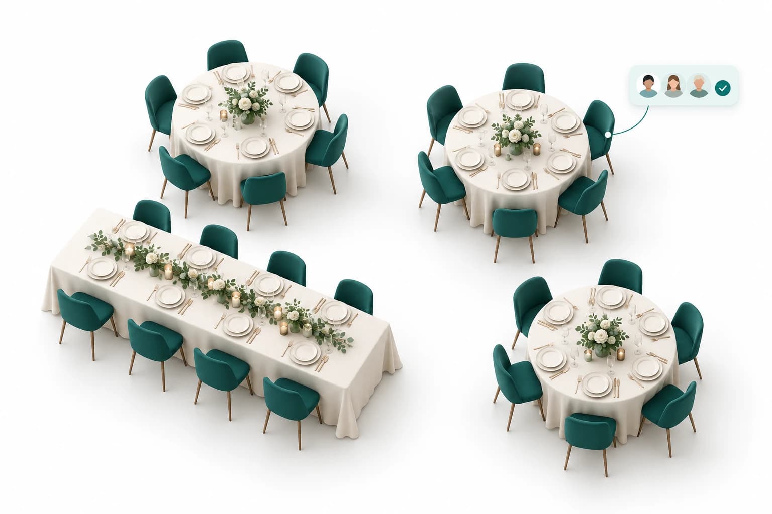 Three round tables and a long banquet table, laid with ivory linen, green chairs and floral centrepieces. A note marks three guests as seated.